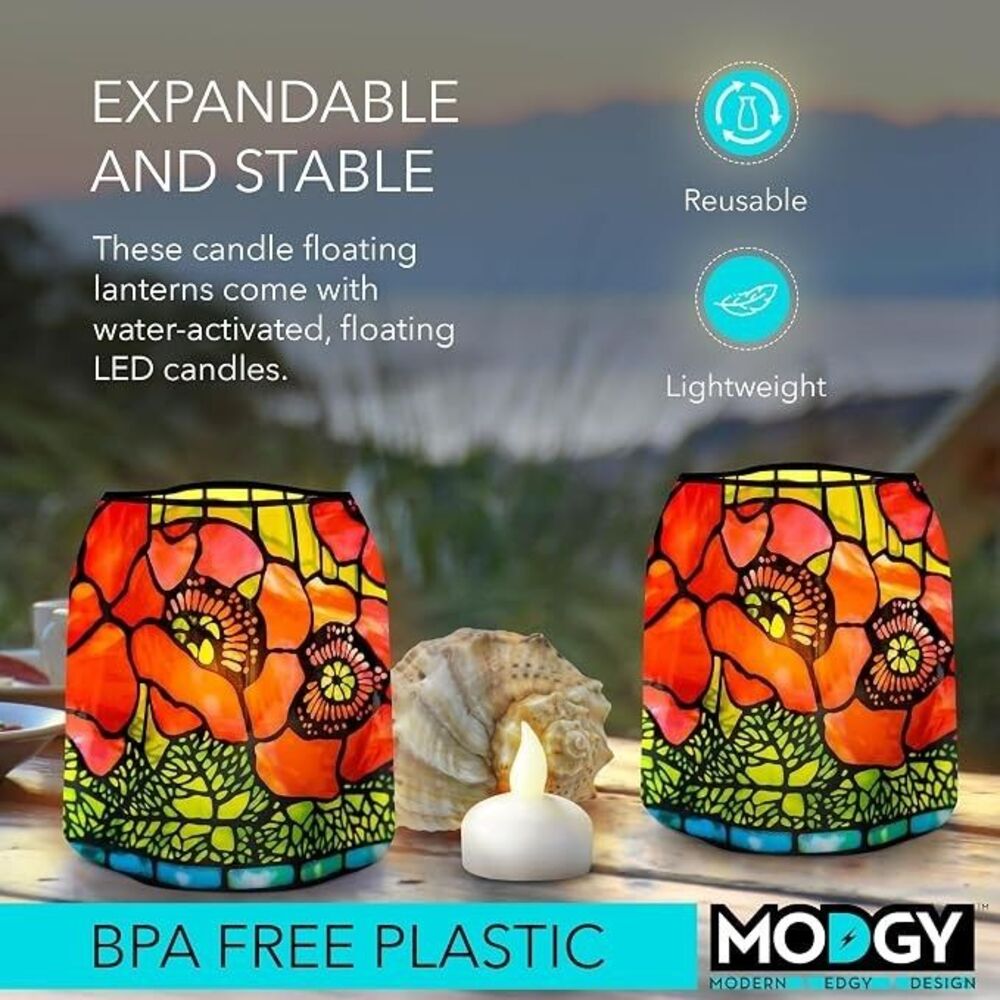 Modgy Luminaries Lanterns Tiffany Poppies Floating LED Tealights w/Batteries